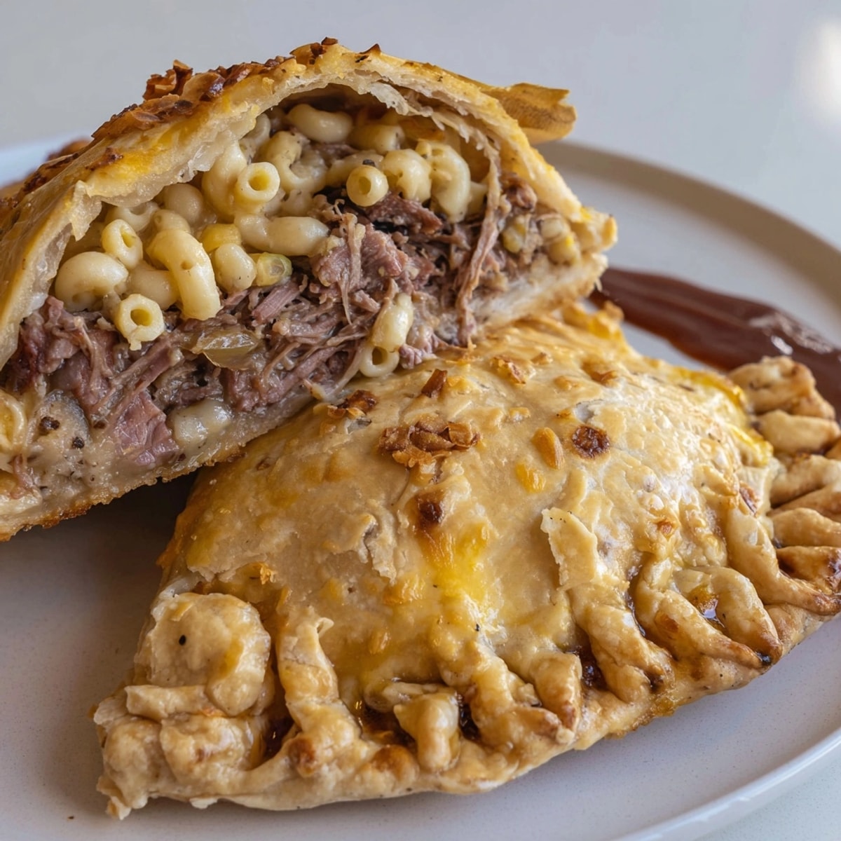 Golden, flaky Smoked Brisket & Mac n Cheese Empanadas, a delicious, cheesy comfort food.