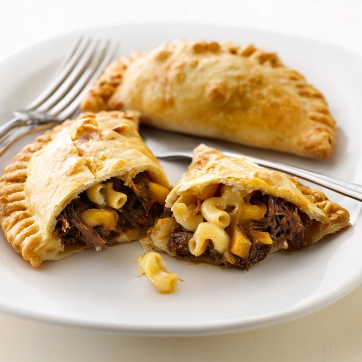Close-up of handmade Smoked Brisket &amp; Mac n Cheese Empanadas, ready for dipping in BBQ sauce.