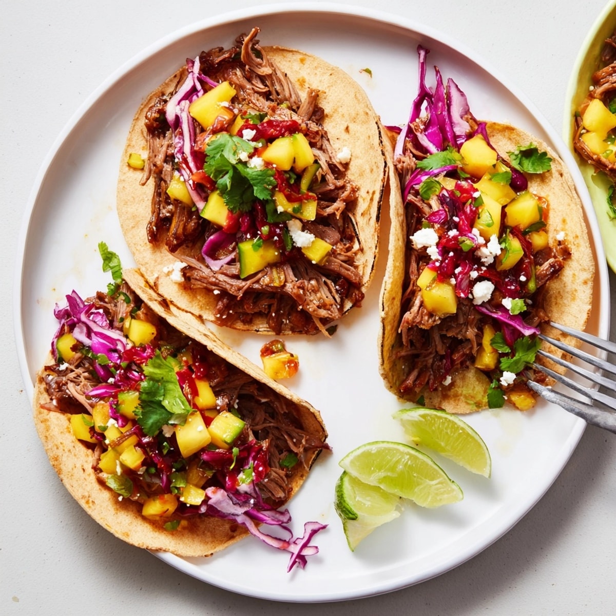 Close-up of savory Duck Confit Tacos with spicy mango chutney, a delightful gourmet fusion.