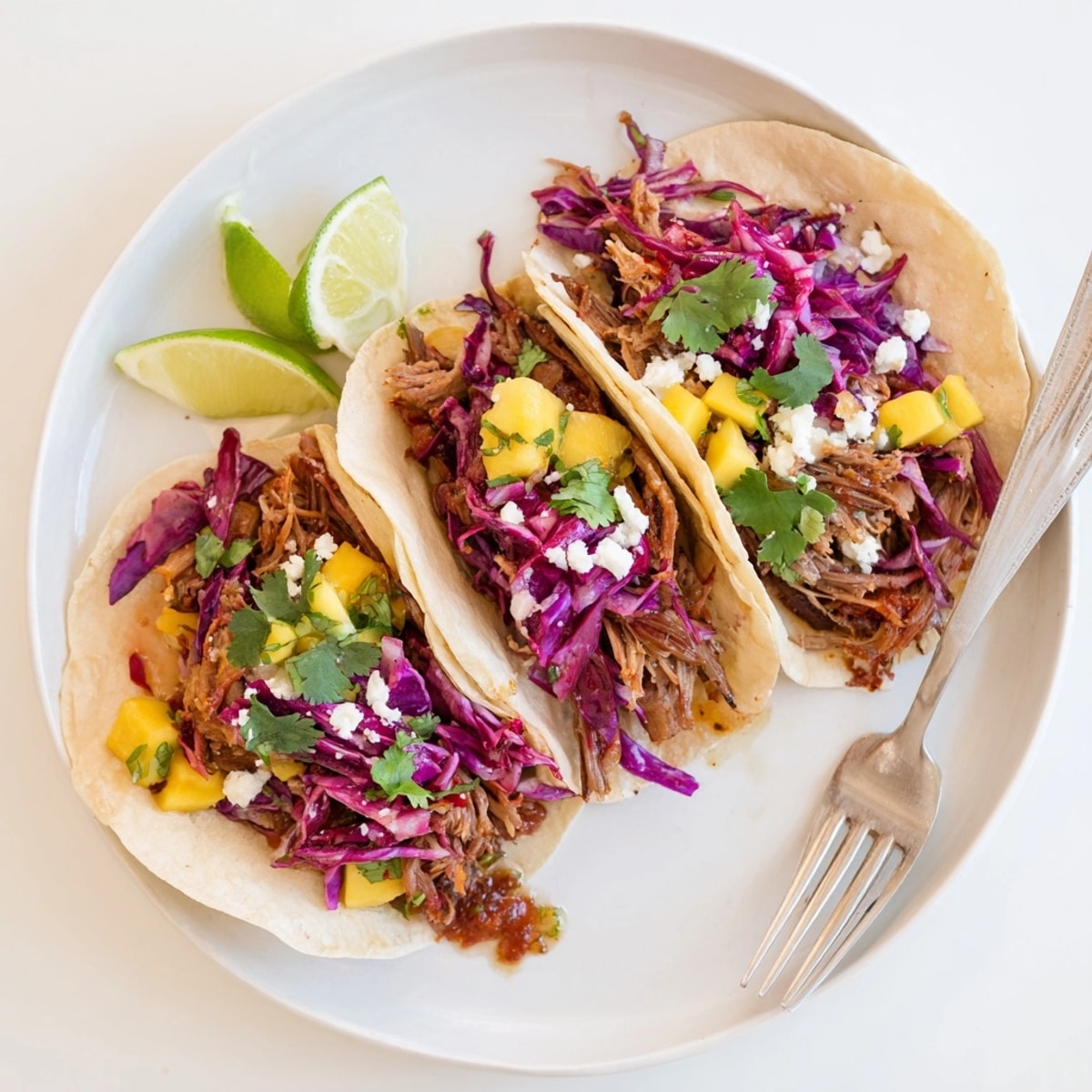 Golden Duck Confit Tacos, garnished with vibrant chutney and fresh herbs ready to serve.