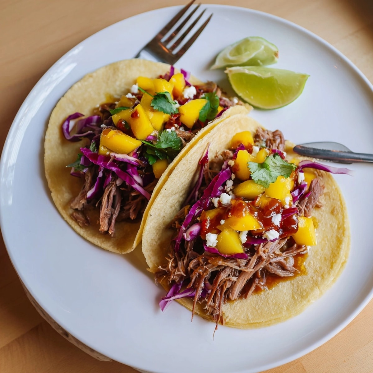 Warm tortillas filled with rich duck confit and spicy mango chutney, a flavor explosion.