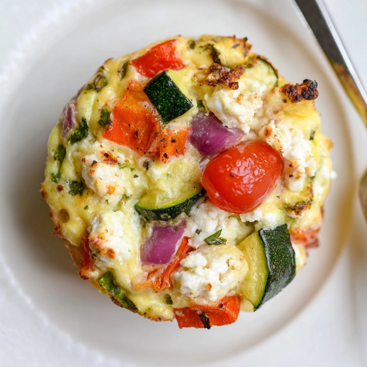 Warm, homemade Roasted Veg &amp; Goat Cheese Frittata Muffin ready to enjoy for a quick brunch.