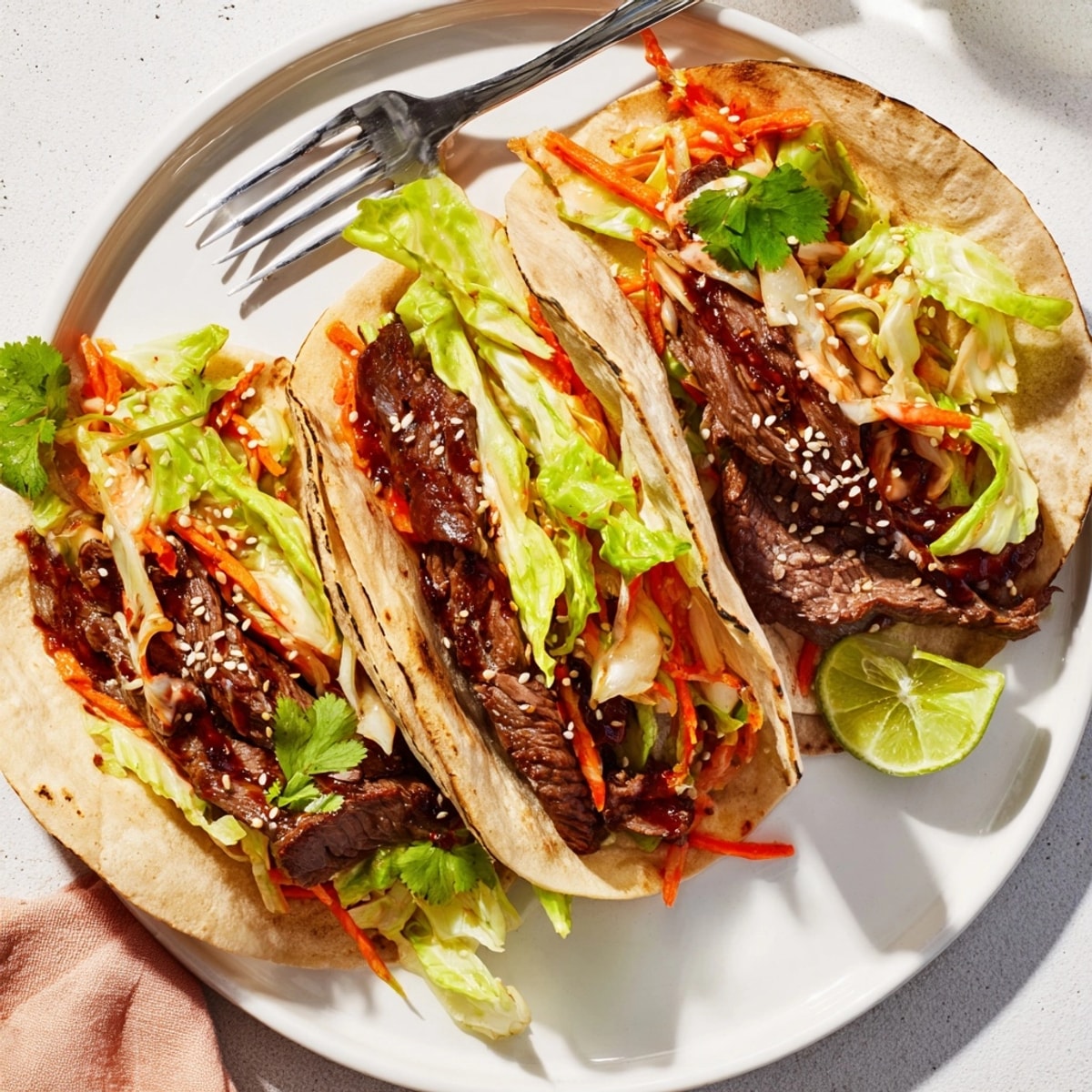 Savory Korean BBQ Beef Tacos with Kimchi, finished with cilantro, perfect for easy dinners.