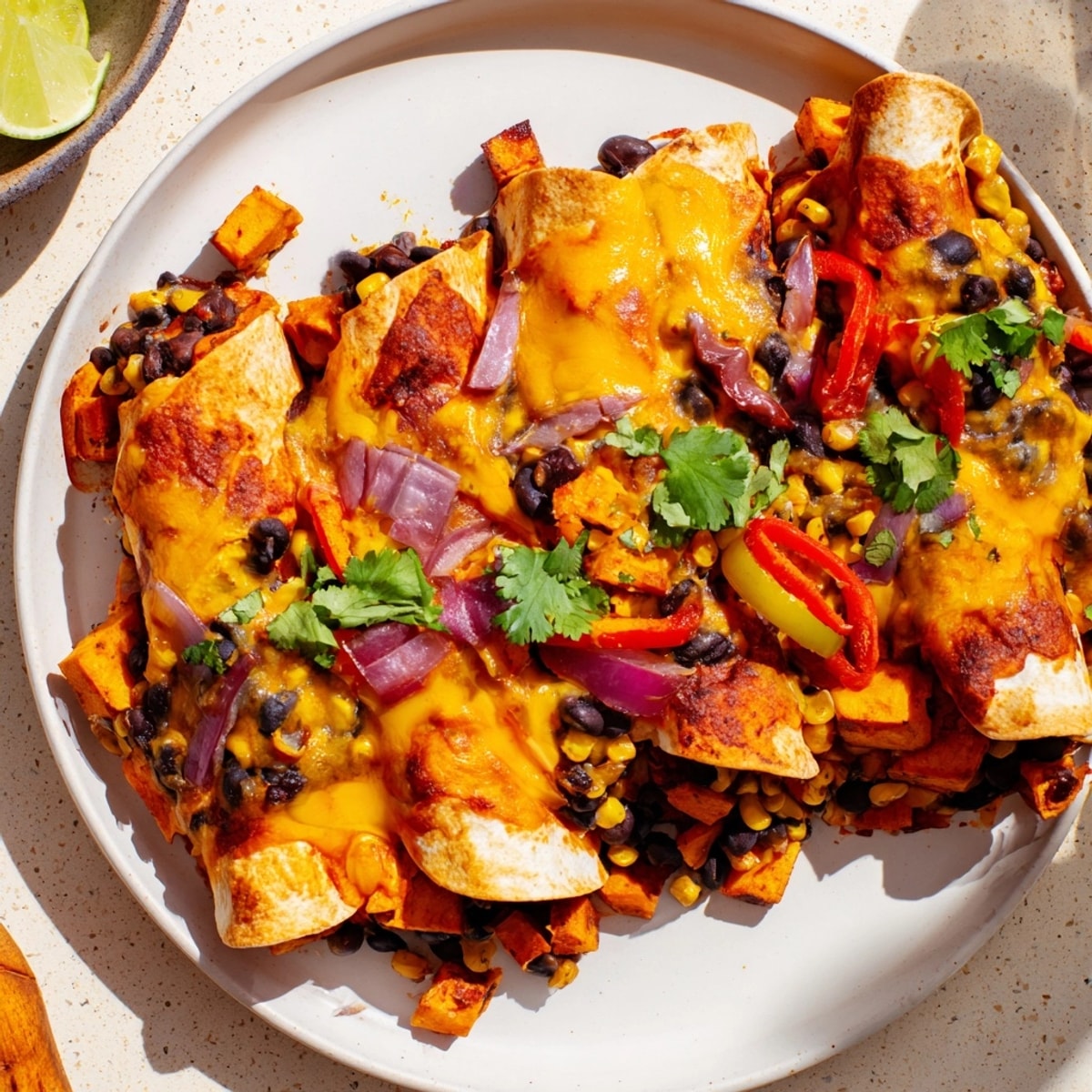 Baked Spicy Black Bean & Sweet Potato Enchiladas: a cheesy, saucy, and comforting vegetarian meal.
