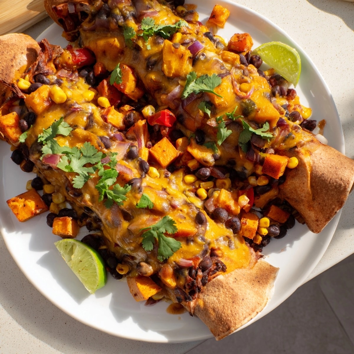 Golden Spicy Black Bean & Sweet Potato Enchiladas fresh from the oven, smelling savory.