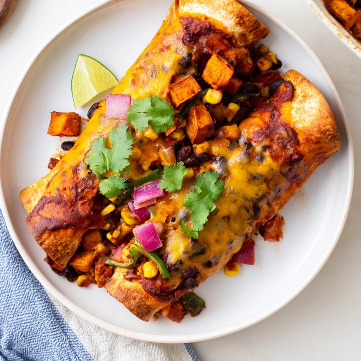 Close-up of loaded Spicy Black Bean & Sweet Potato Enchiladas, garnished with cilantro, lime.