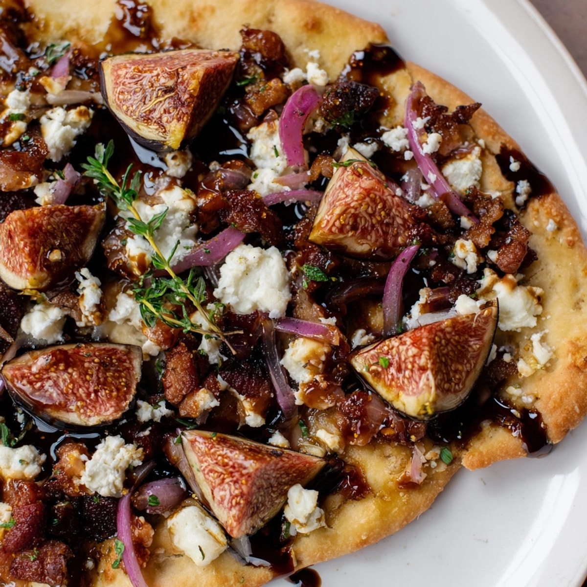 Crispy Roasted Balsamic Fig & Bacon Flatbread, warm from the oven, drizzled with glaze.
