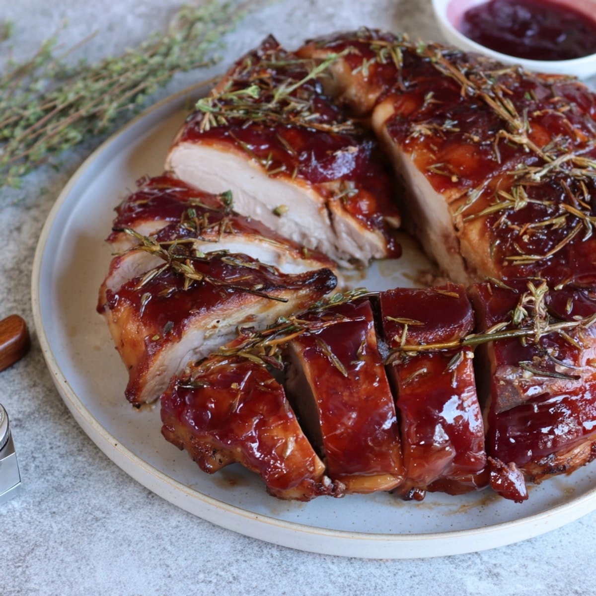 Close-up view of glistening Cider Brined Turkey Breast slices, glazed with vibrant cranberries.
