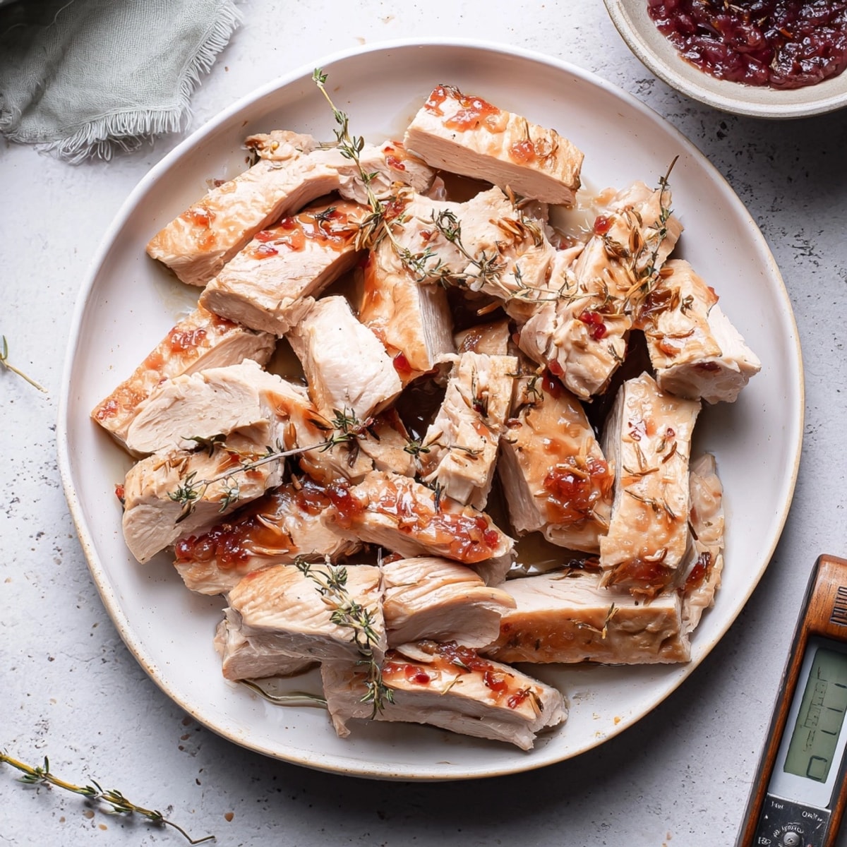 Perfectly cooked Cider Brined Turkey Breast recipe topped with bright, tangy cranberry glaze, ready.