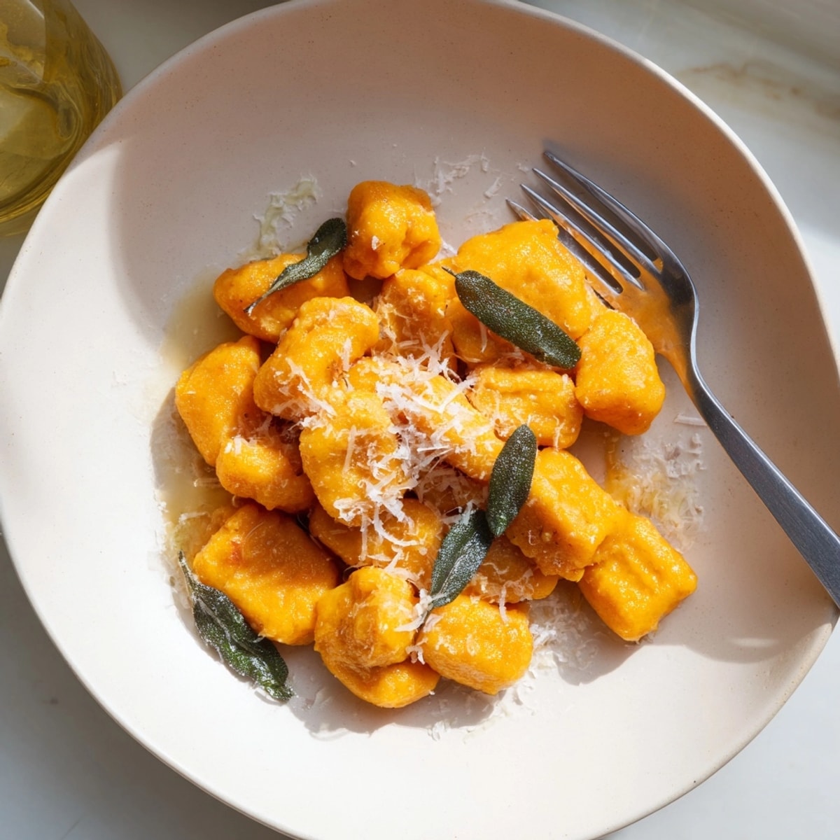 Golden Sweet Potato Gnocchi with Sage Butter, plated and sprinkled with Parmesan.