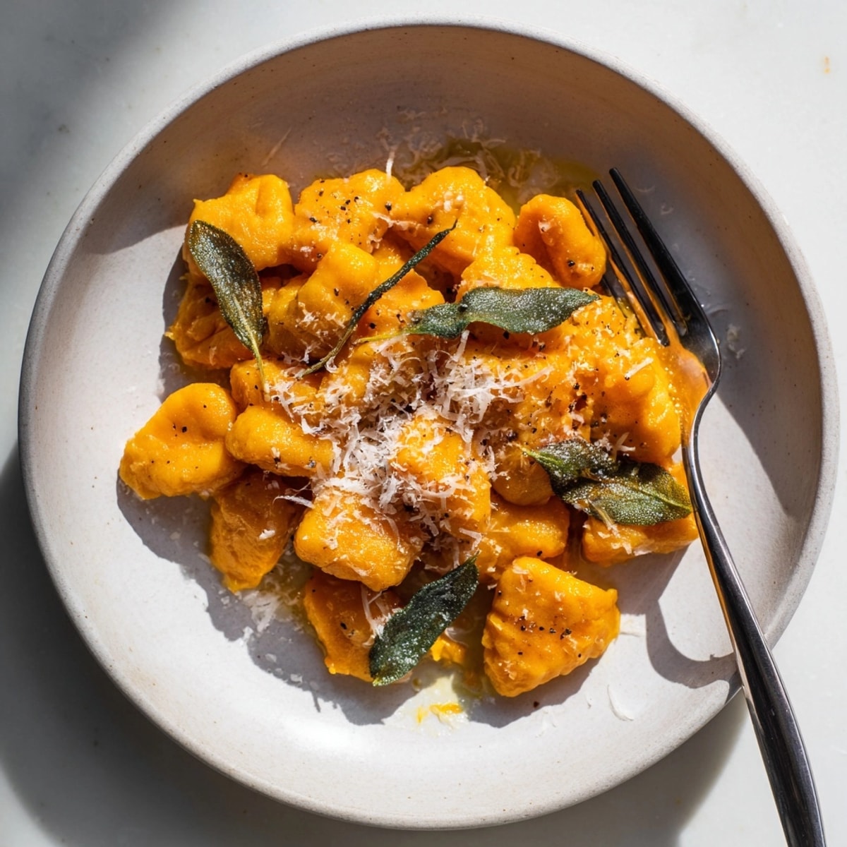 Homemade Sweet Potato Gnocchi in a browned sage butter sauce, ready to eat.