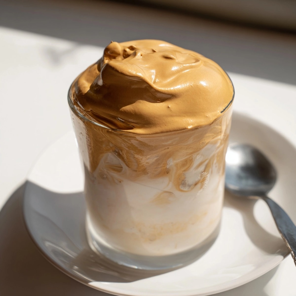 Delicious Dalgona Coffee layers over chilled milk, creating a creamy, dreamy dessert beverage.