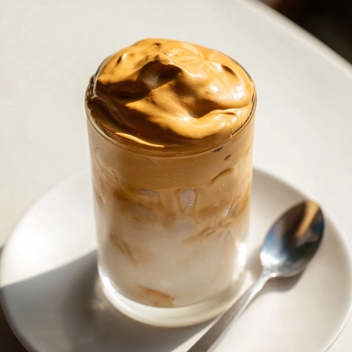 Frothy Dalgona Coffee, whipped to airy perfection, sits atop a glass of ice-cold milk.
