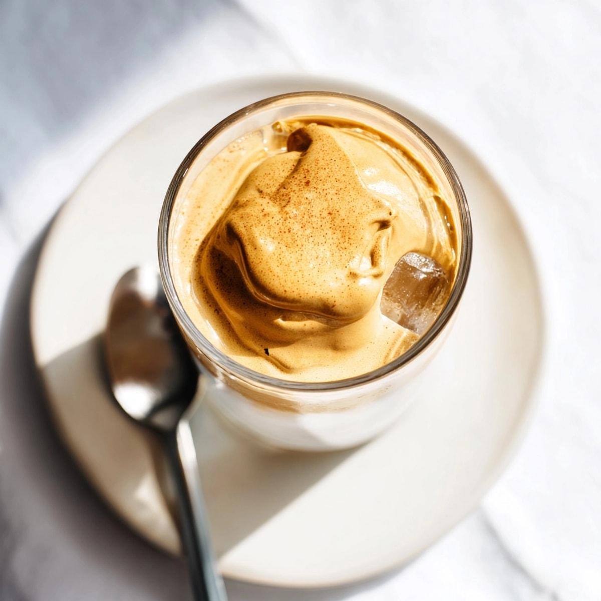 Close-up of homemade Dalgona Coffee showing peaks of sweetened coffee cream ready to enjoy.