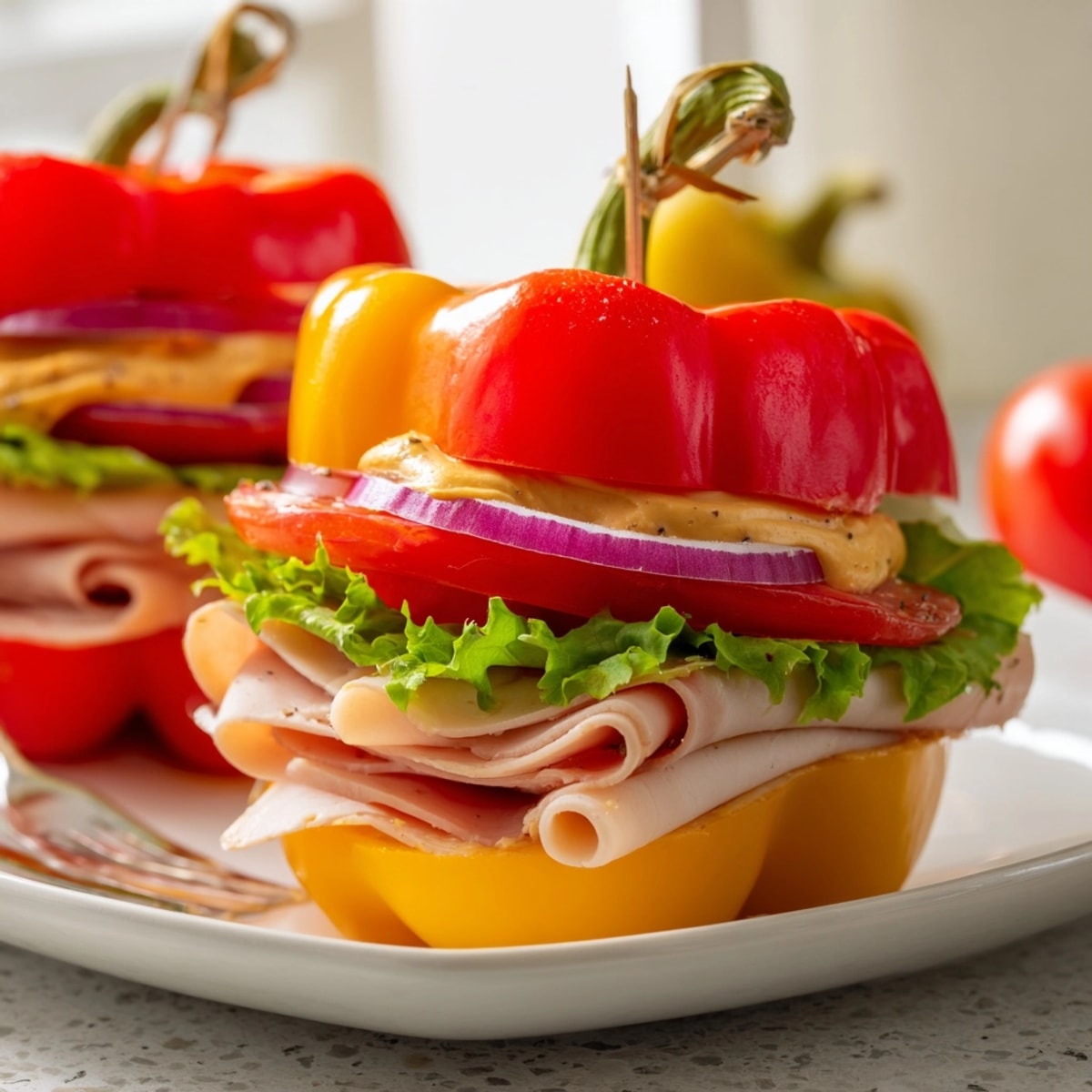 Vibrant bell pepper sandwich recipe with fresh turkey, cheese, and crisp vegetables inside.