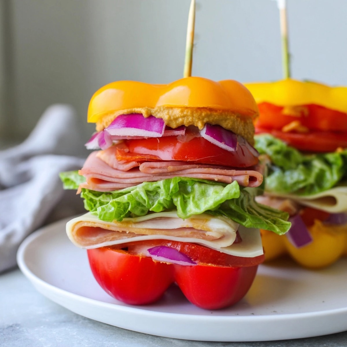 A colorful and crunchy Bell Pepper Sandwich, a low-carb alternative to regular bread.