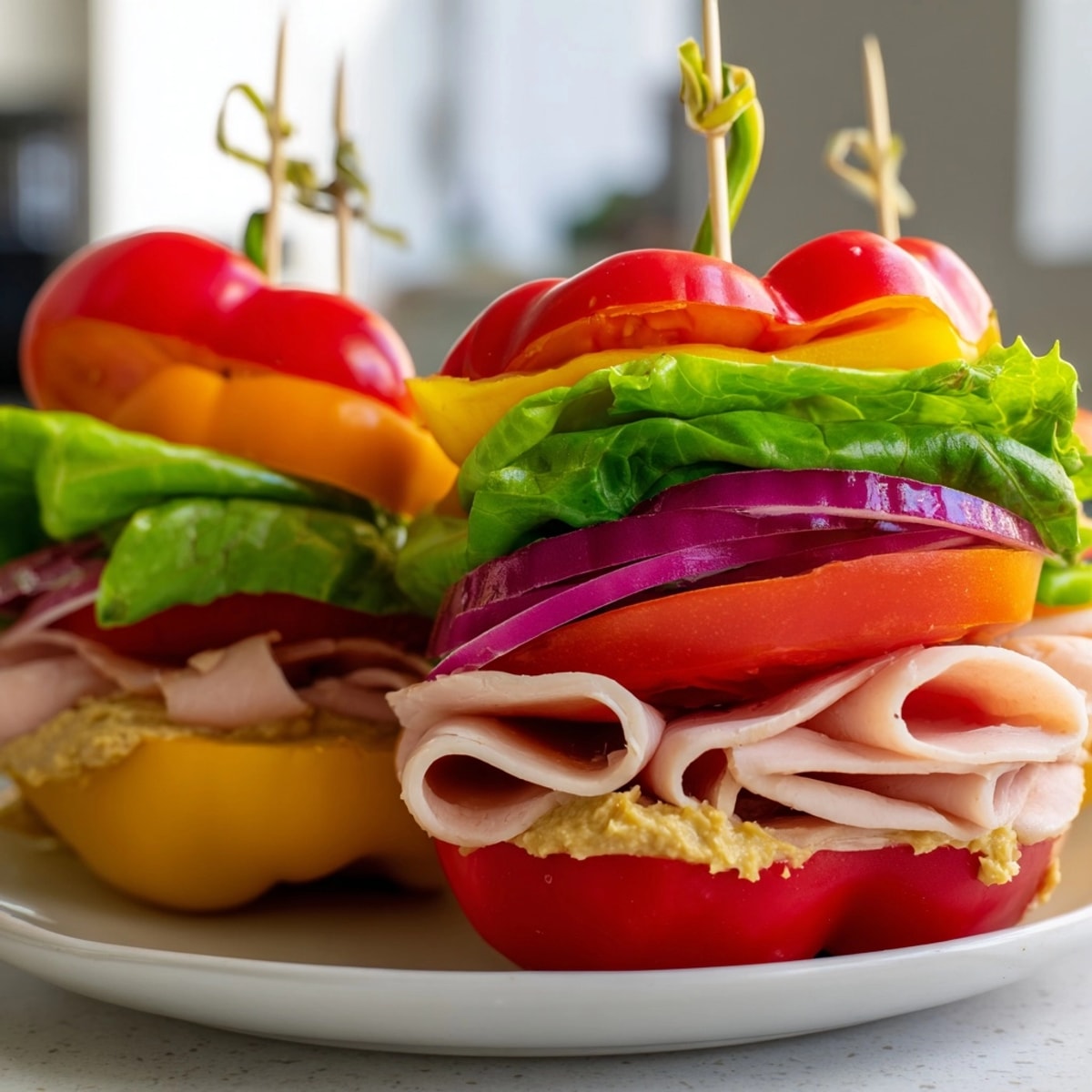Close-up of a delicious Bell Pepper Sandwich with visible layers of tasty fillings.