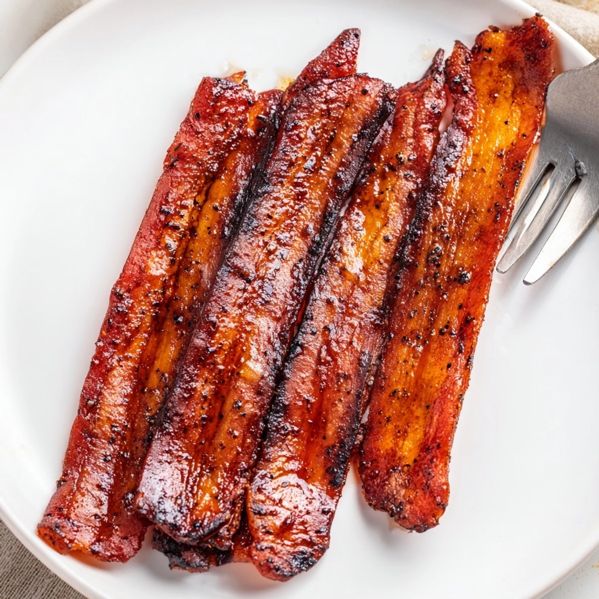 Close-up of crispy Banana Peel Vegan Bacon, glistening with maple and smoked paprika.