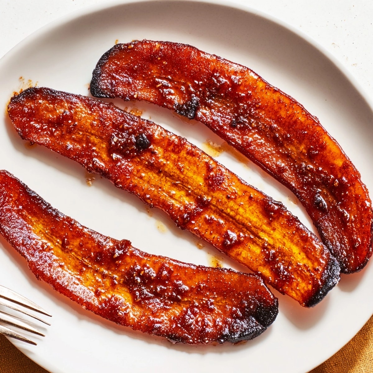 Savory and smoky Banana Peel Vegan Bacon, served alongside fluffy scrambled tofu at breakfast.