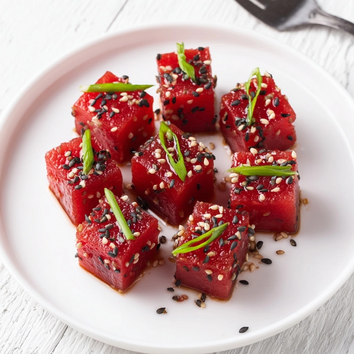 Close-up shows deeply marinated, baked Vegan Watermelon Tuna, glistening and ready to top rice.