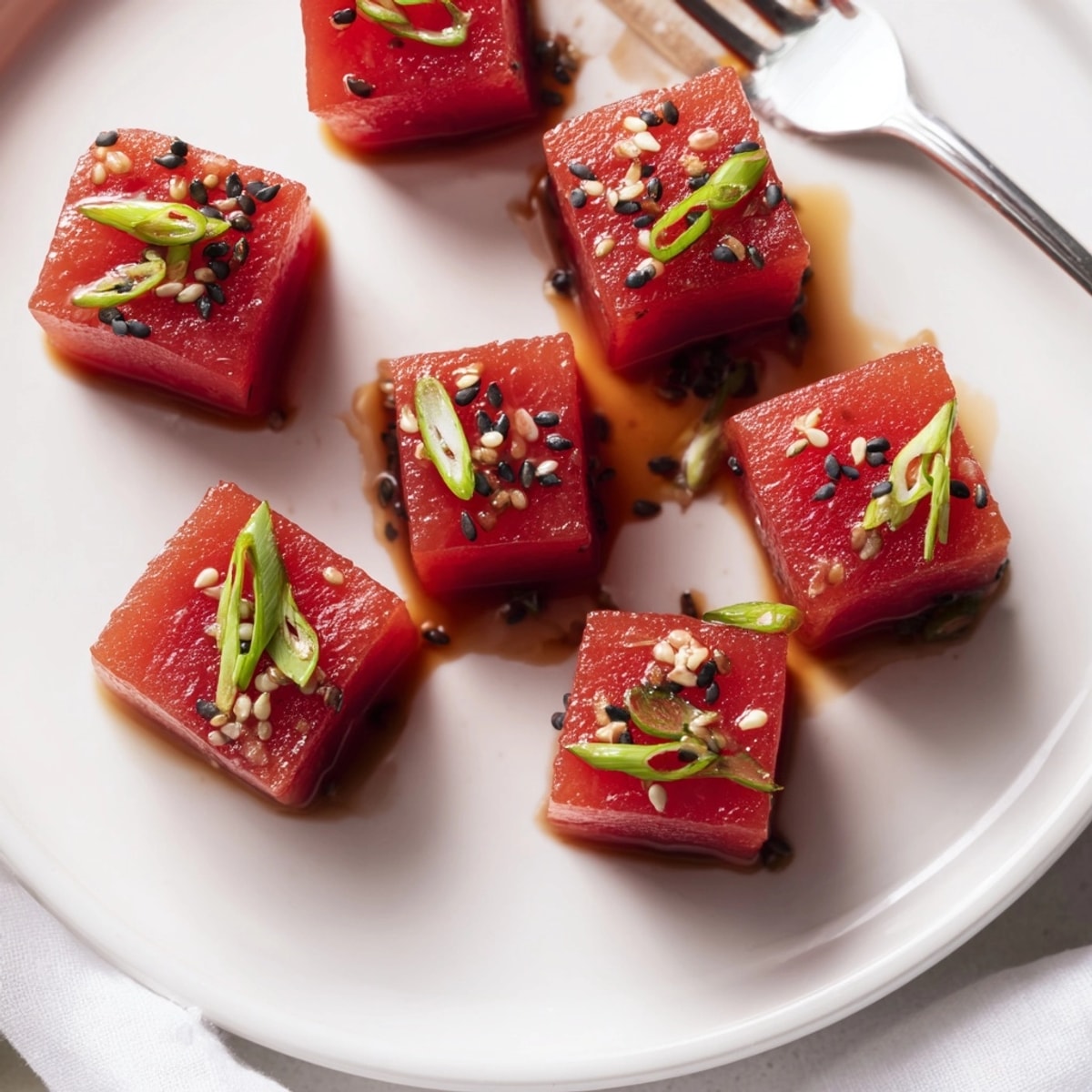 Sizzling Vegan Watermelon Tuna, a ruby-red plant-based seafood alternative, baking until tender.