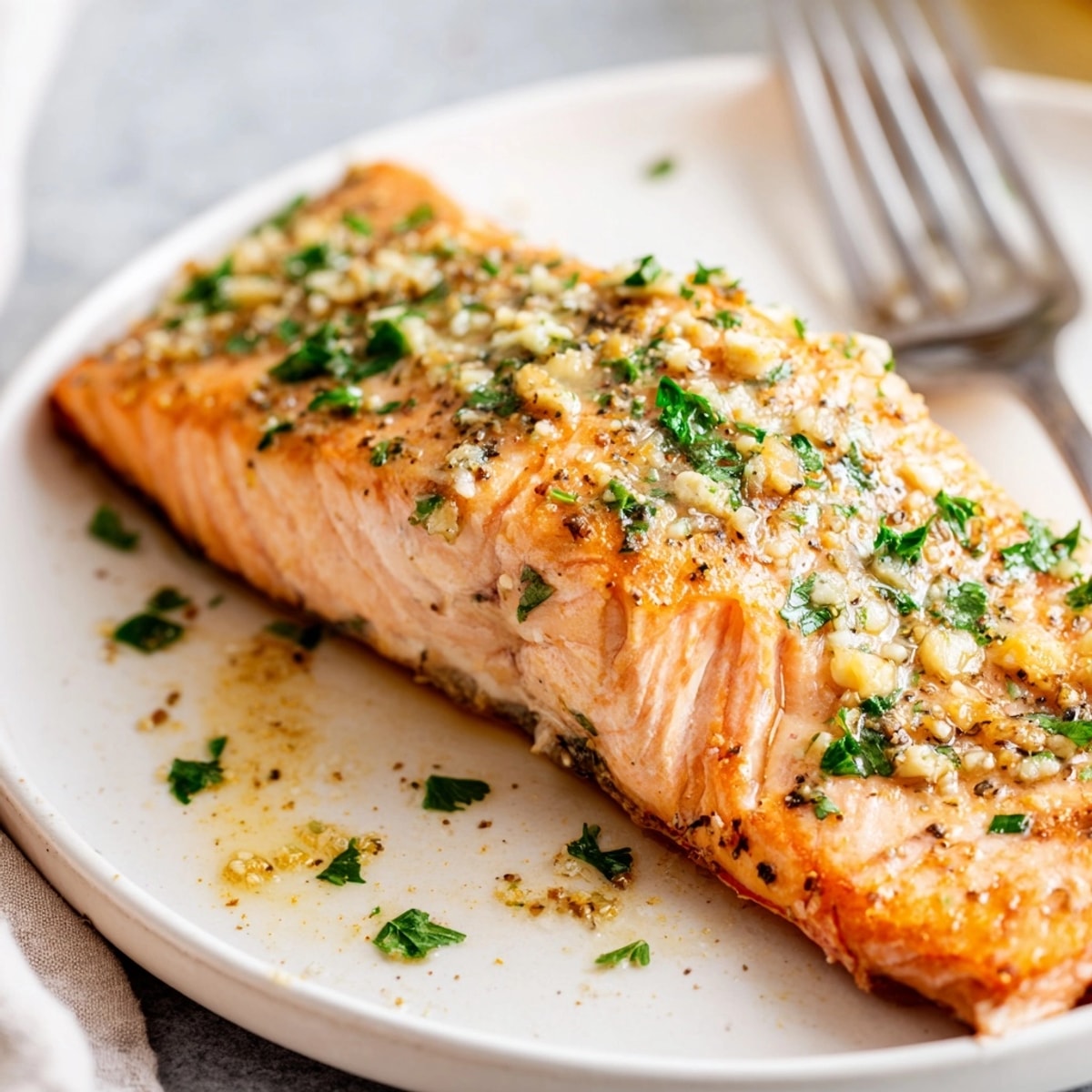 Pan-seared crispy skin salmon, glistening with lemon butter sauce, plated and ready to eat.
