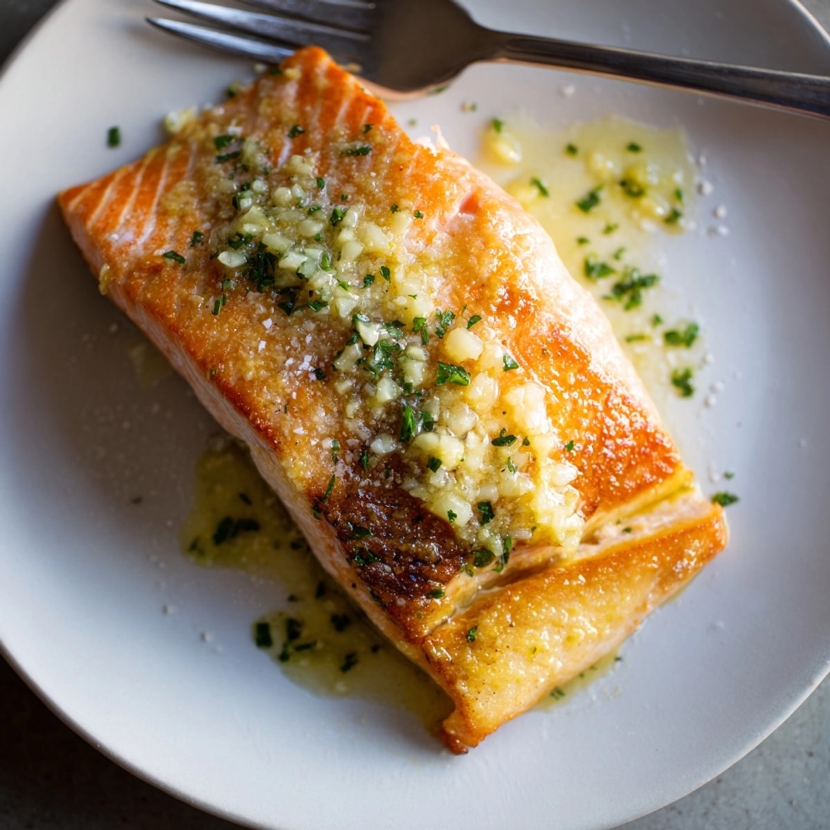 Close-up of flaky, juicy crispy skin salmon, ideally cooked in a hot skillet.