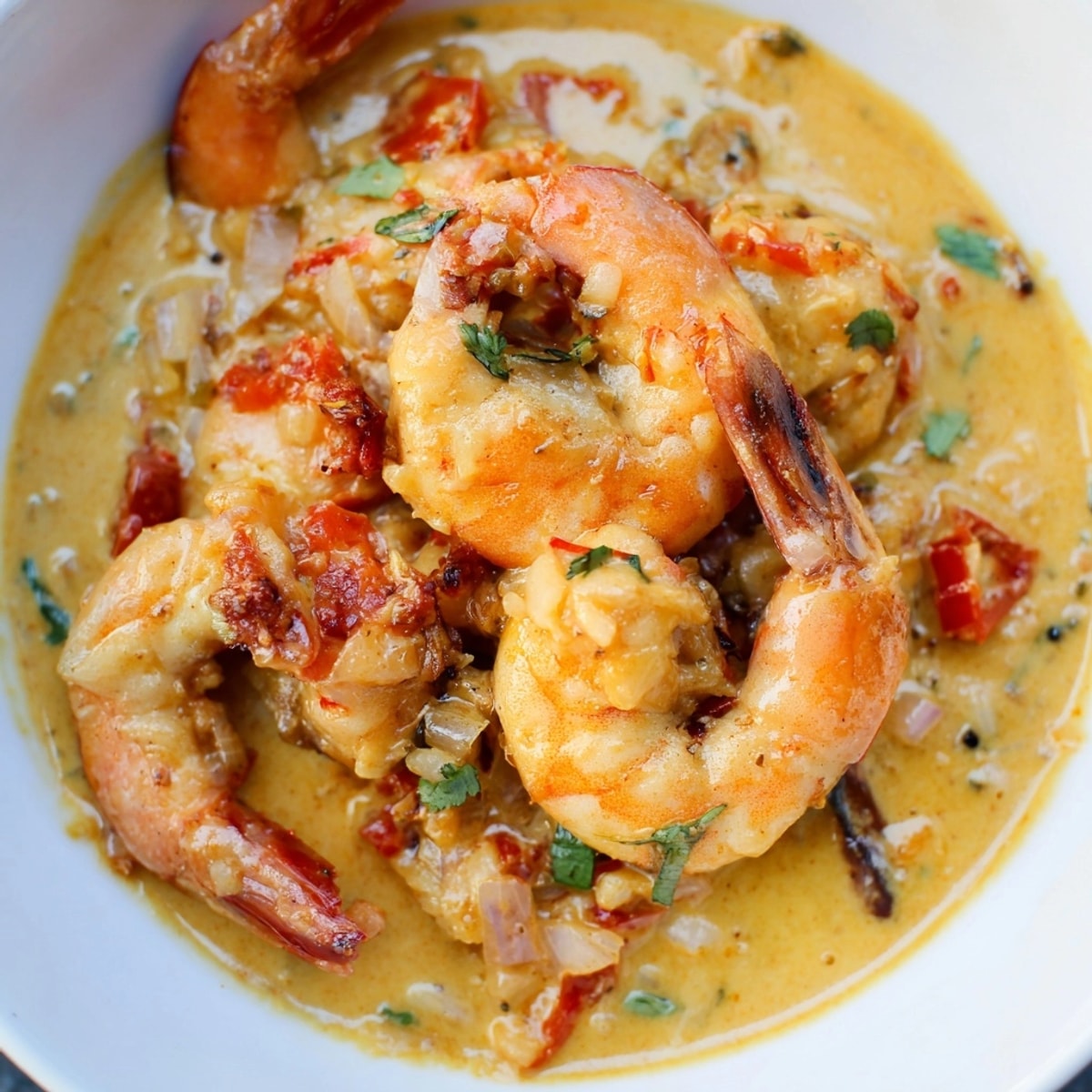 Creamy Coconut Shrimp Curry: Tender shrimp simmered in spiced coconut milk, garnished with fresh cilantro.