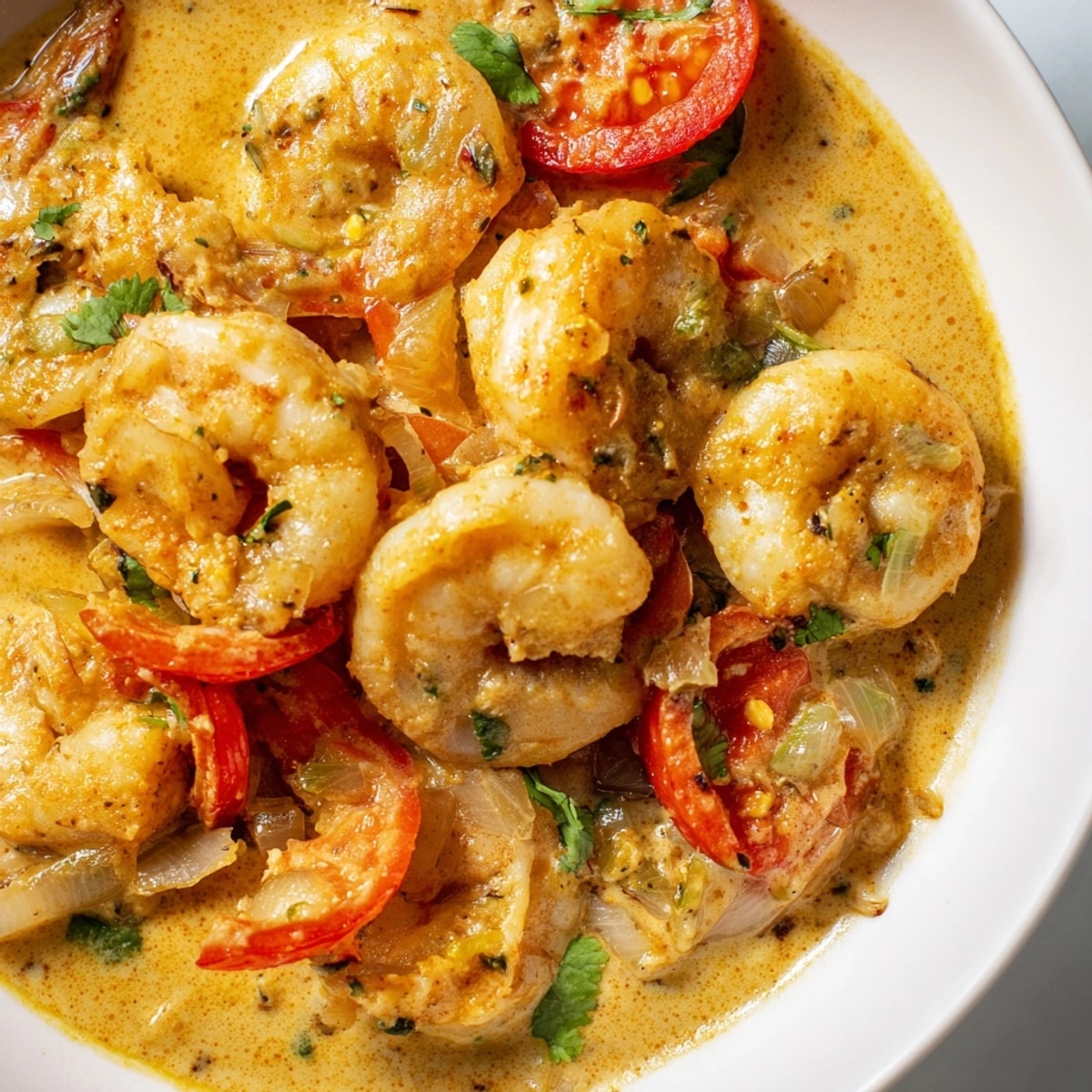 Close-up of vibrant Coconut Shrimp Curry, ready to serve over fluffy basmati rice.