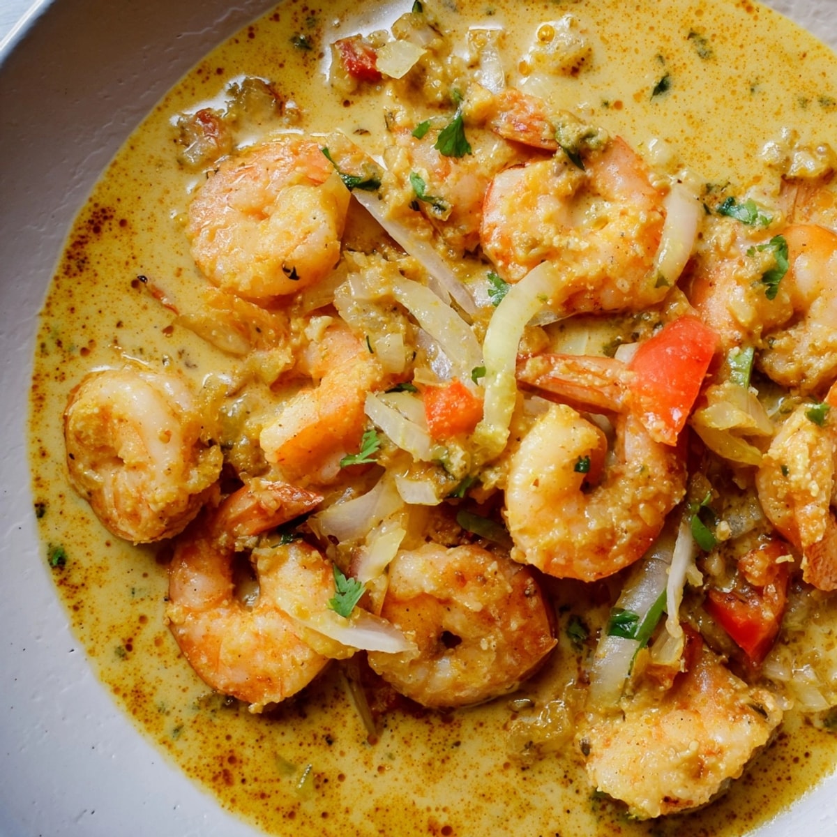 Flavorful homemade Coconut Shrimp Curry served hot; each bite an explosion of aromatic Indian spices.