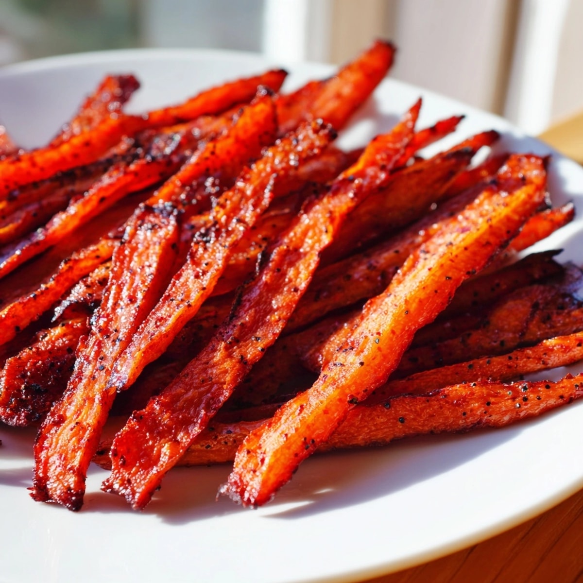 Crispy roasted carrot bacon strips, gleaming with maple syrup, ready for a tasty vegan breakfast.