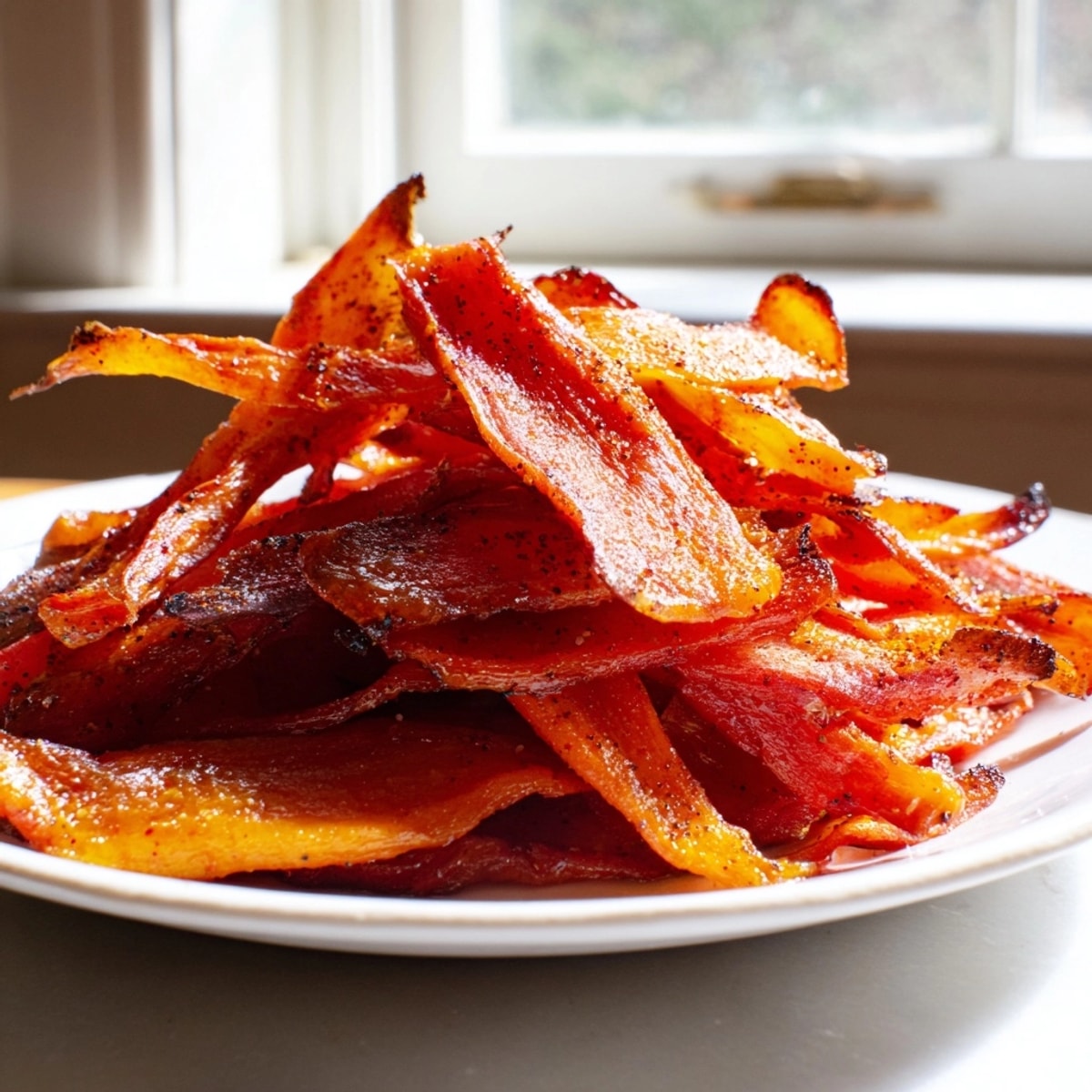 Close-up of smoky roasted carrot bacon strips on parchment, a delicious plant-based side.