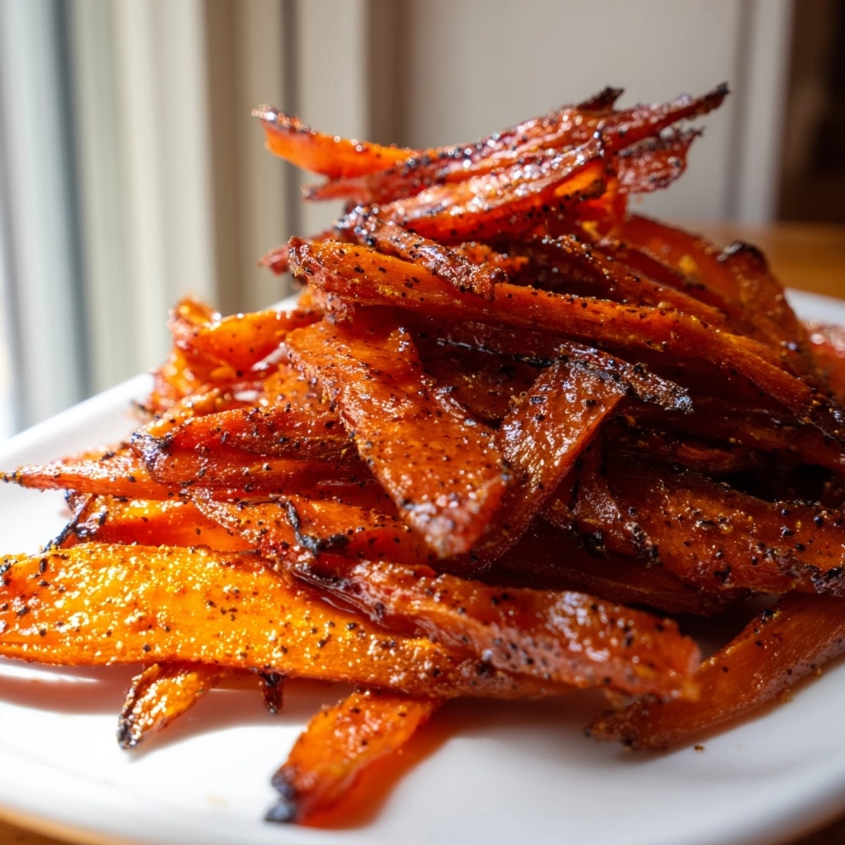 Golden brown roasted carrot bacon strips, a savory and smoky vegan snack alternative.
