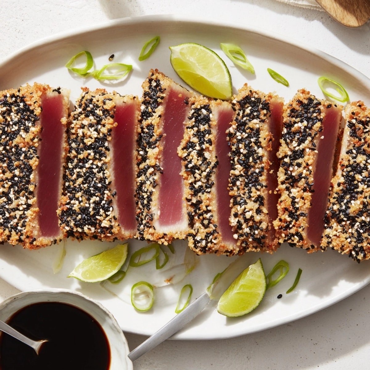 Golden Sesame Crusted Seared Tuna steak sliced, revealing a pink center with soy dipping sauce.