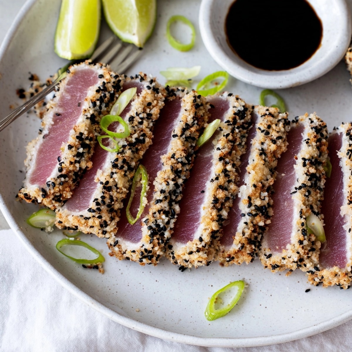 Seared Sesame Crusted Tuna, sesame seeds glistening, rests on a bed of vibrant greens.