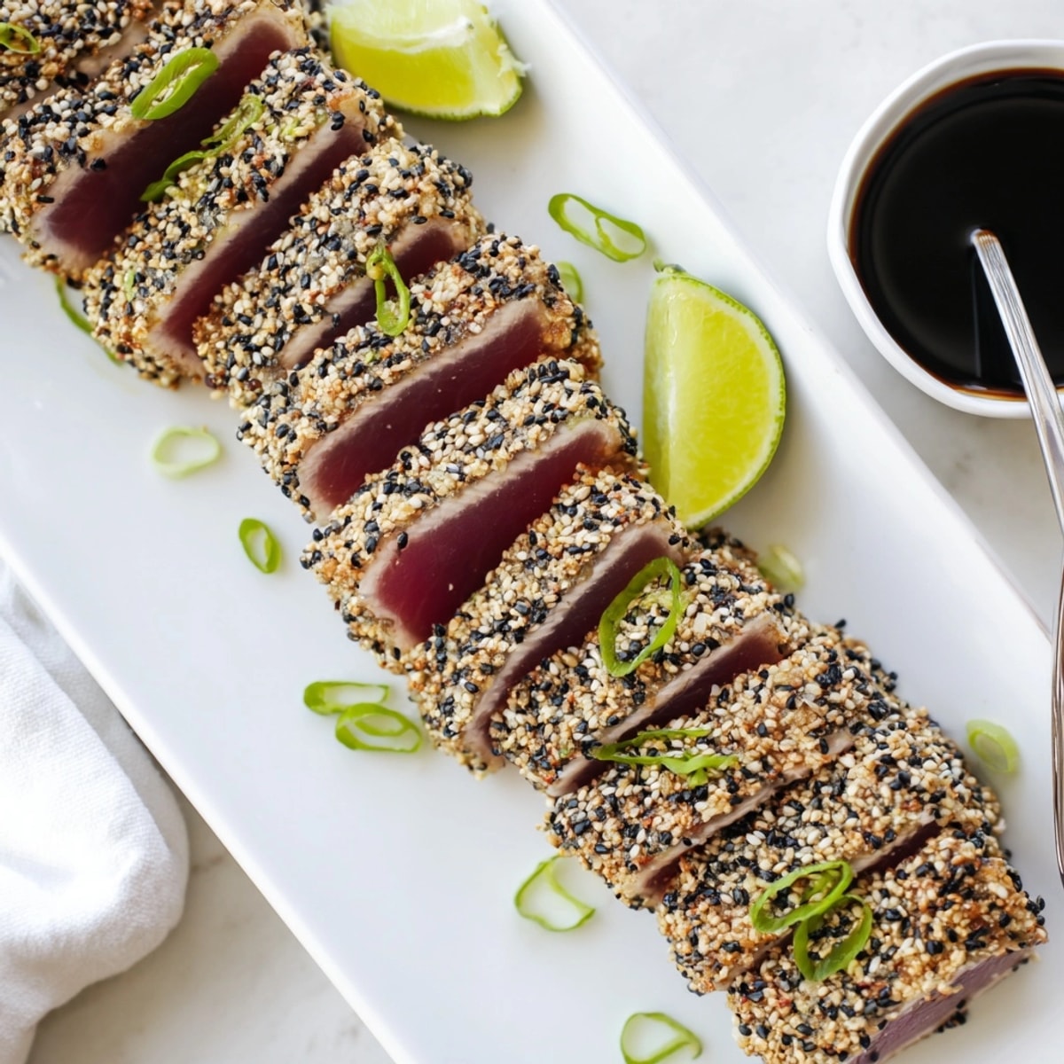 Close-up of glistening Sesame Crusted Seared Tuna, showcasing the crisp crust and rare center.