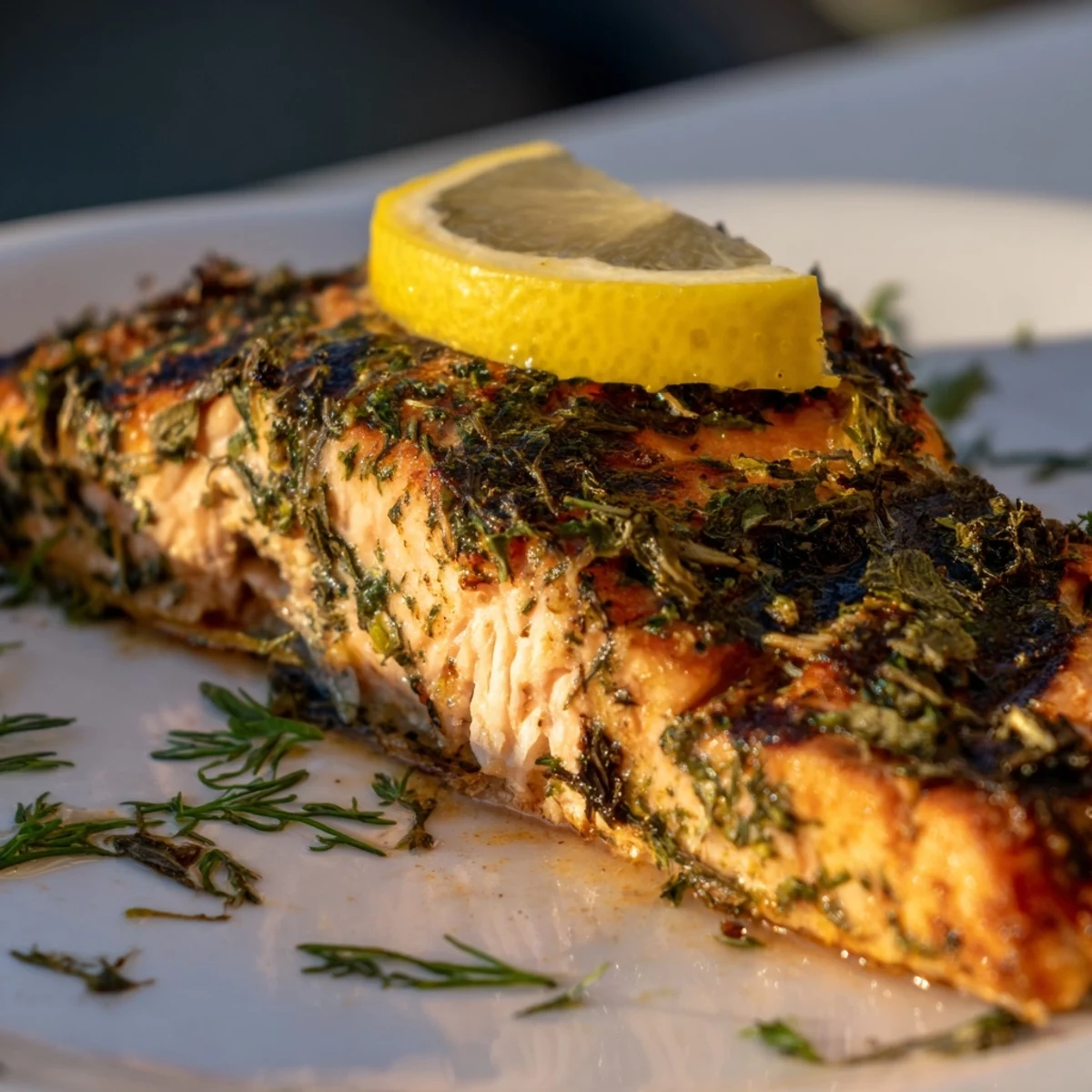 Glistening, grilled Lemon Herb Salmon, showcasing tender fillets with visible herbs, ideal for dinner tonight.