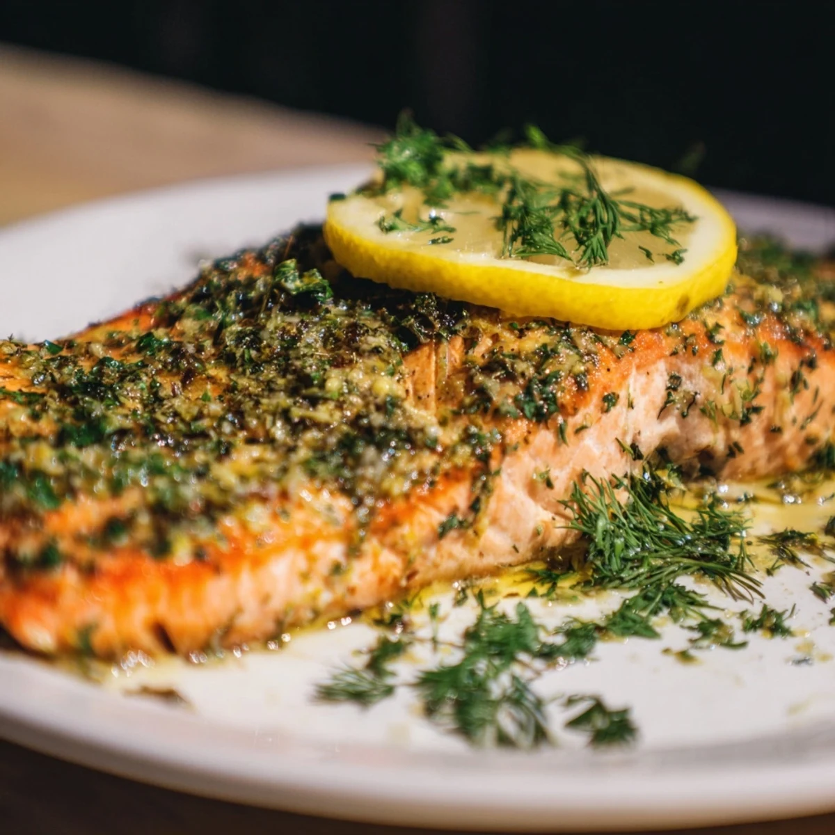 Vibrant Lemon Herb Grilled Salmon, cooked to flaky perfection, ready to serve with lemon wedges.