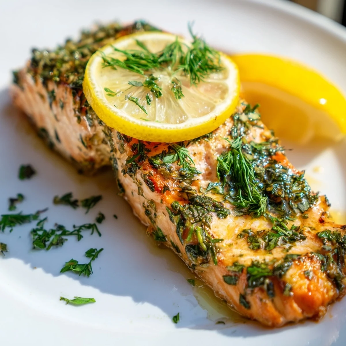 Freshly grilled Lemon Herb Salmon, featuring a beautifully seared skin, with a bright, zesty aroma.