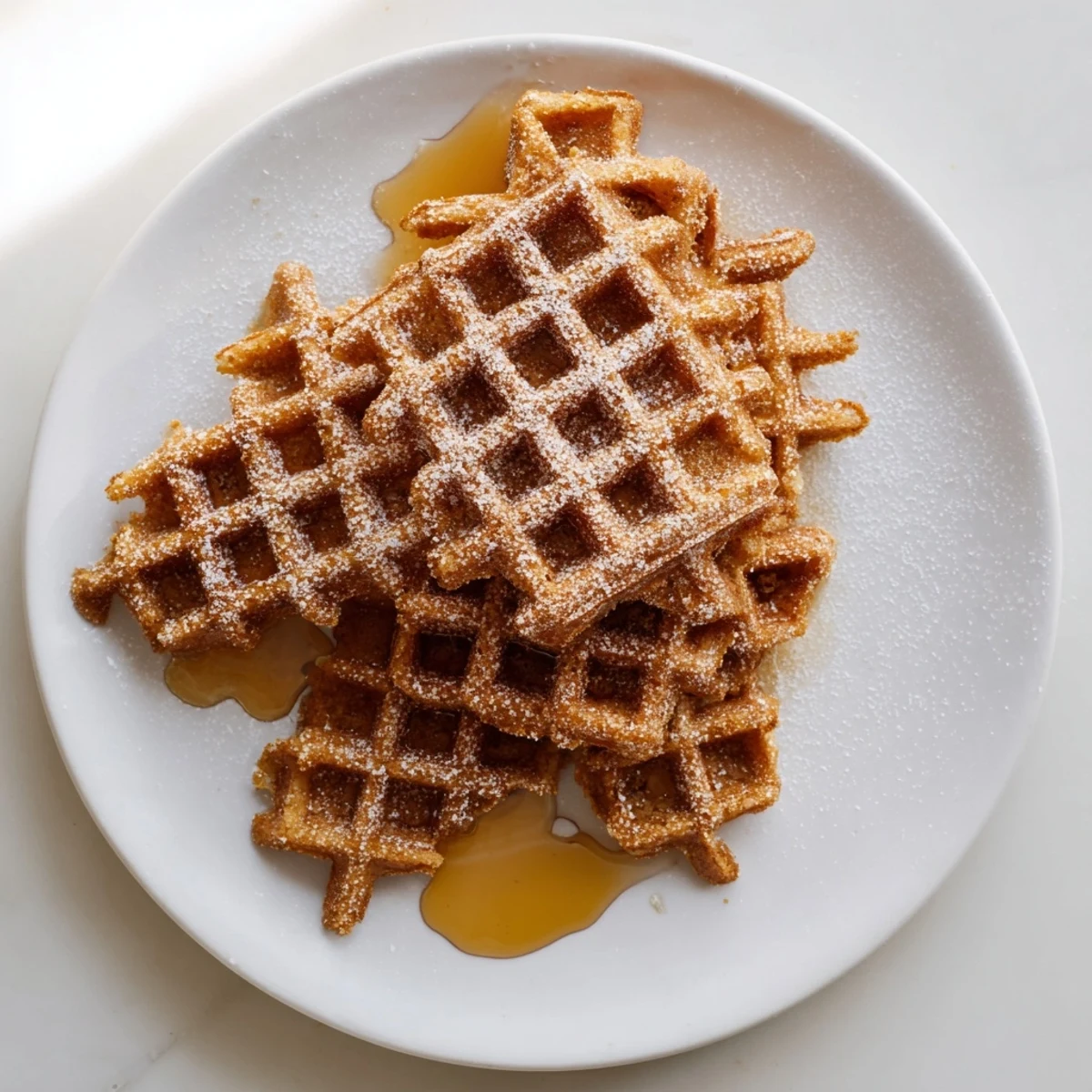 Fluffy gingerbread waffles, golden and crisp, perfect with a drizzle of maple syrup for brunch.