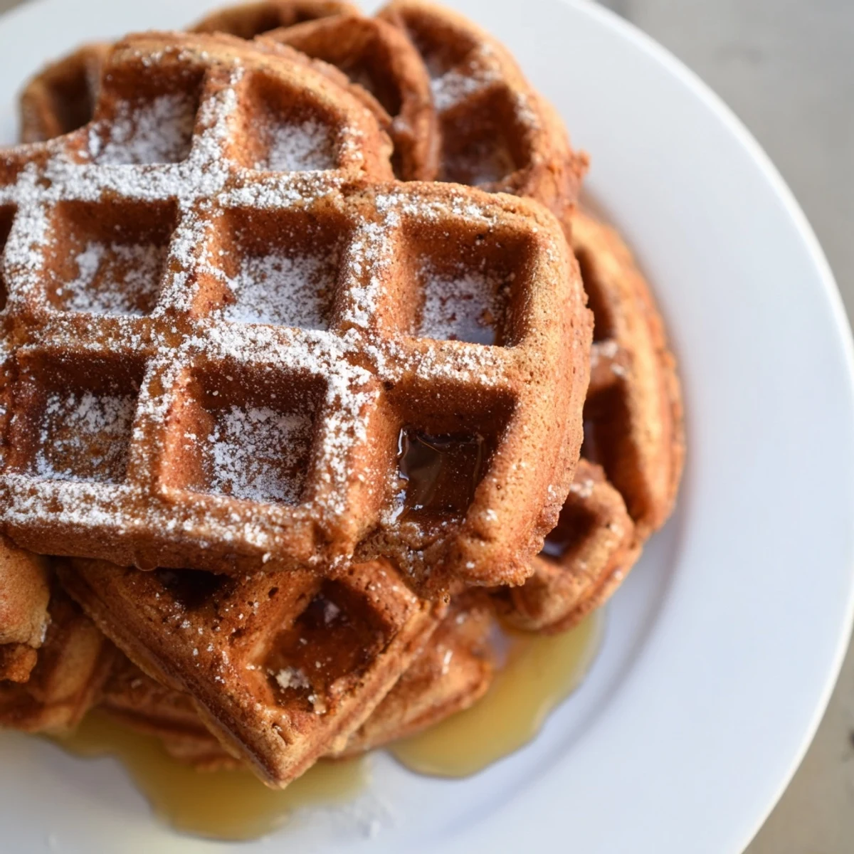 Homemade gingerbread waffles with a dusting of powdered sugar, ideal for a festive breakfast or special treat.