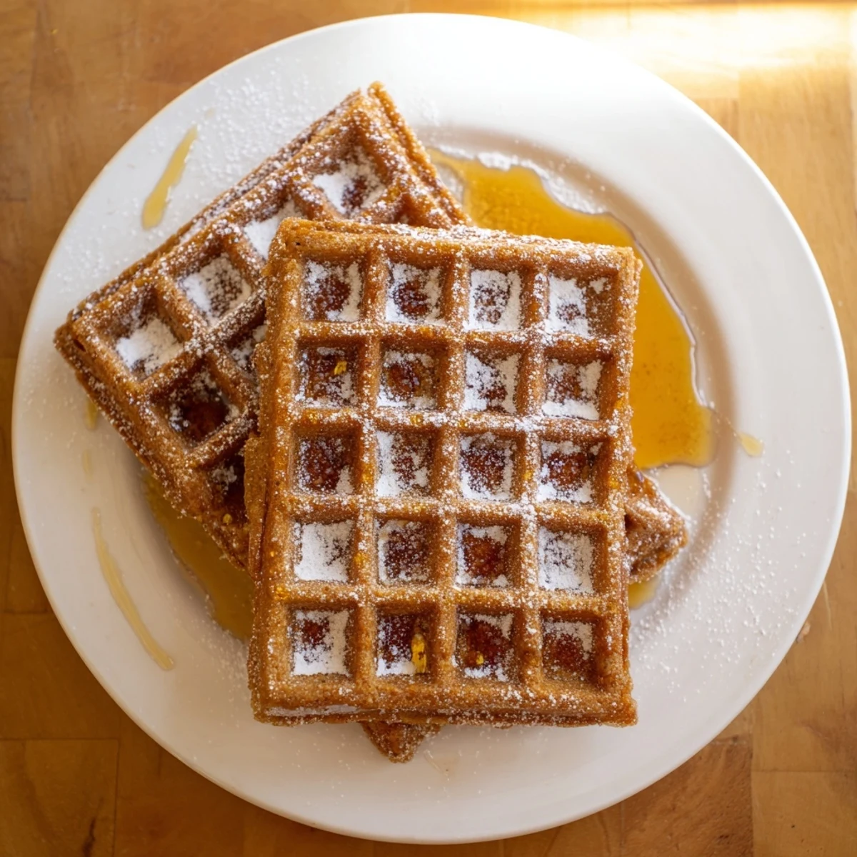 A stack of warm gingerbread waffles, the spiced aroma hinting at a comforting winter breakfast treat.