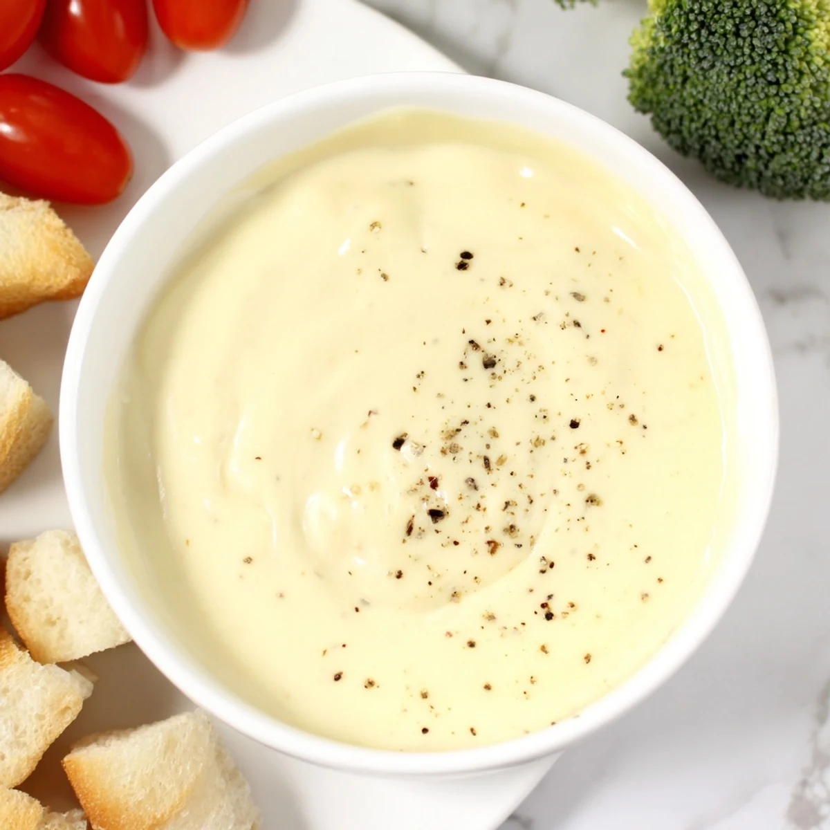 Warm, creamy Savory Cheese Fondue, bubbling in a pot, ready with bread and vegetable dippers.