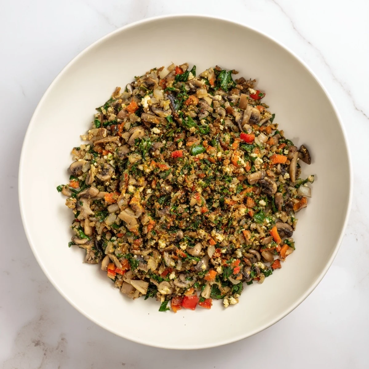 Savory Filling ready to bake, showcasing vibrant vegetables and melted feta cheese, ideal for pastries.