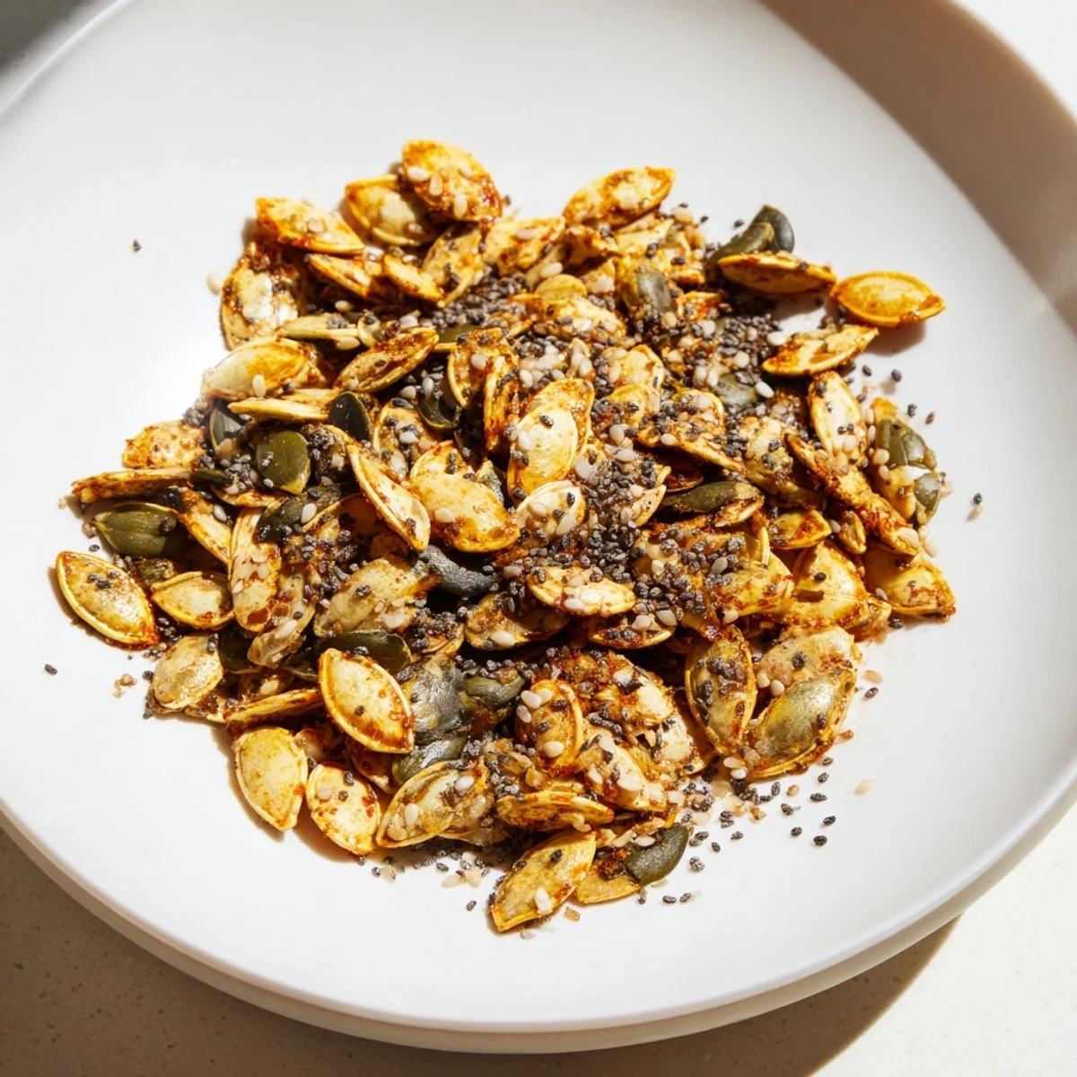 Golden, crunchy roasted seeds, sprinkled with paprika and salt, ready to be enjoyed as a snack.