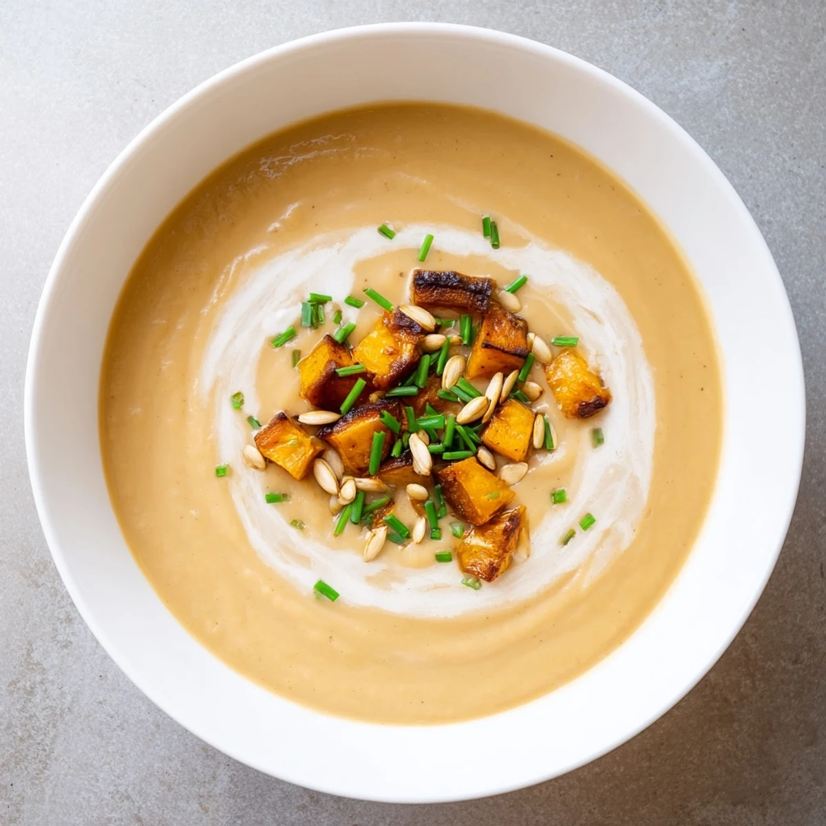 Delicious, vegetarian Savory Pumpkin Soup: a warm, velvety soup perfect for autumn evenings.