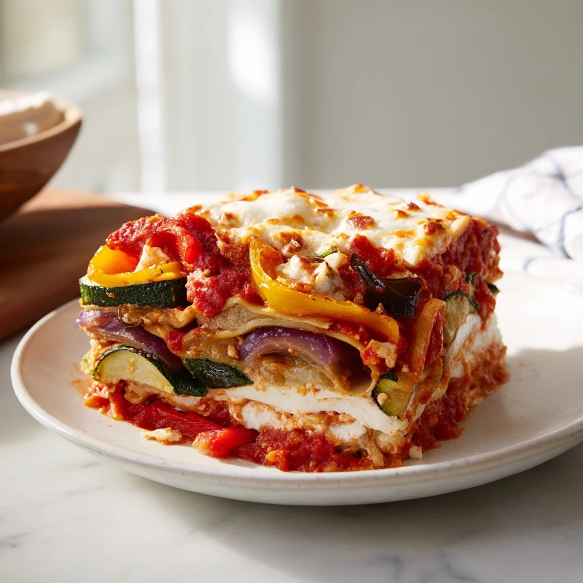 Golden, bubbly Roasted Vegetable Lasagna with roasted vegetables visible and cheese perfectly melted throughout.
