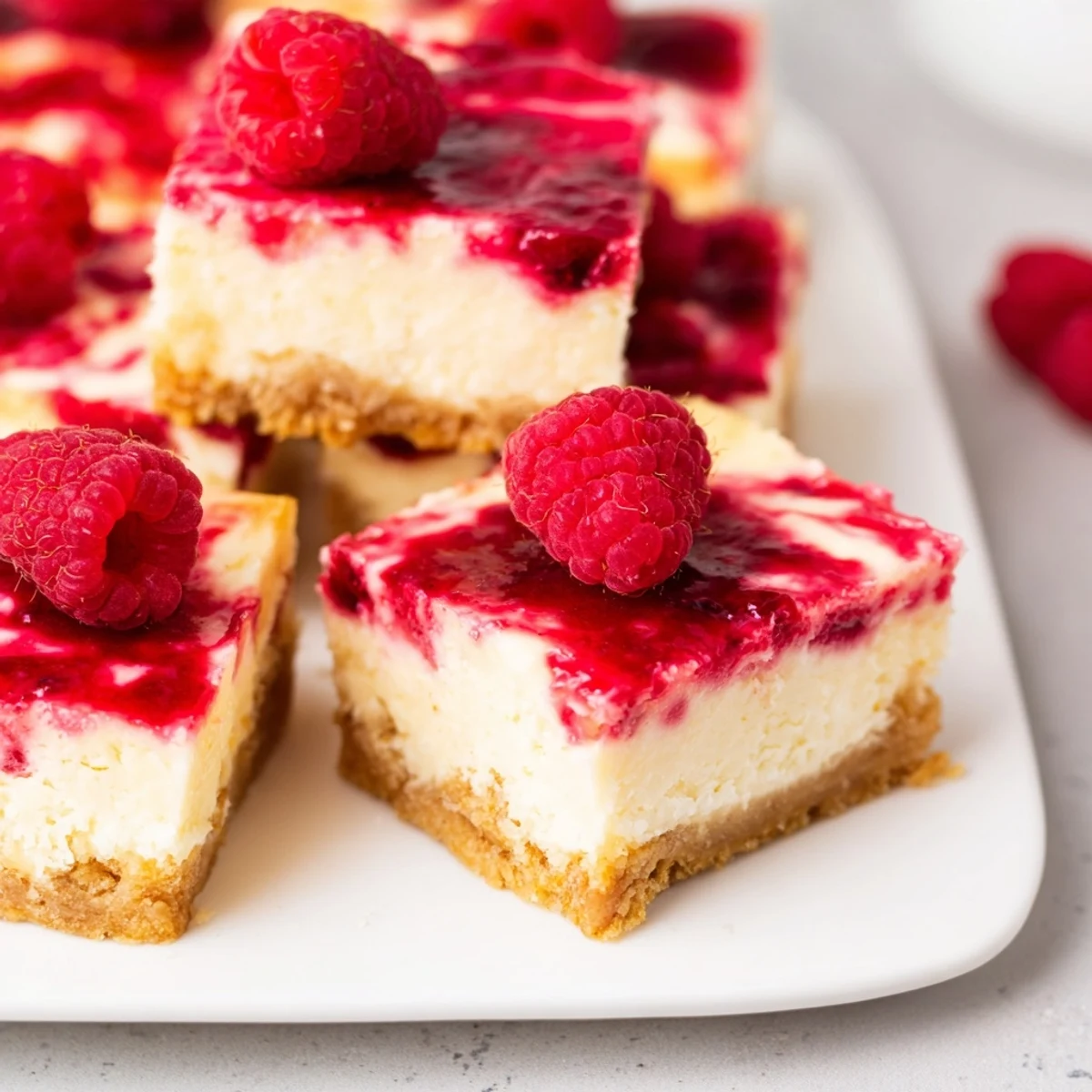 Golden, buttery Lemon Raspberry Cheesecake Bars offer a delightful contrast of textures and flavors.