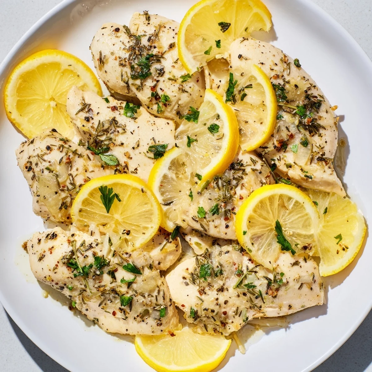 Golden-brown Baked Lemon Pepper Chicken, ready to eat, with crispy edges and vibrant lemon slices.