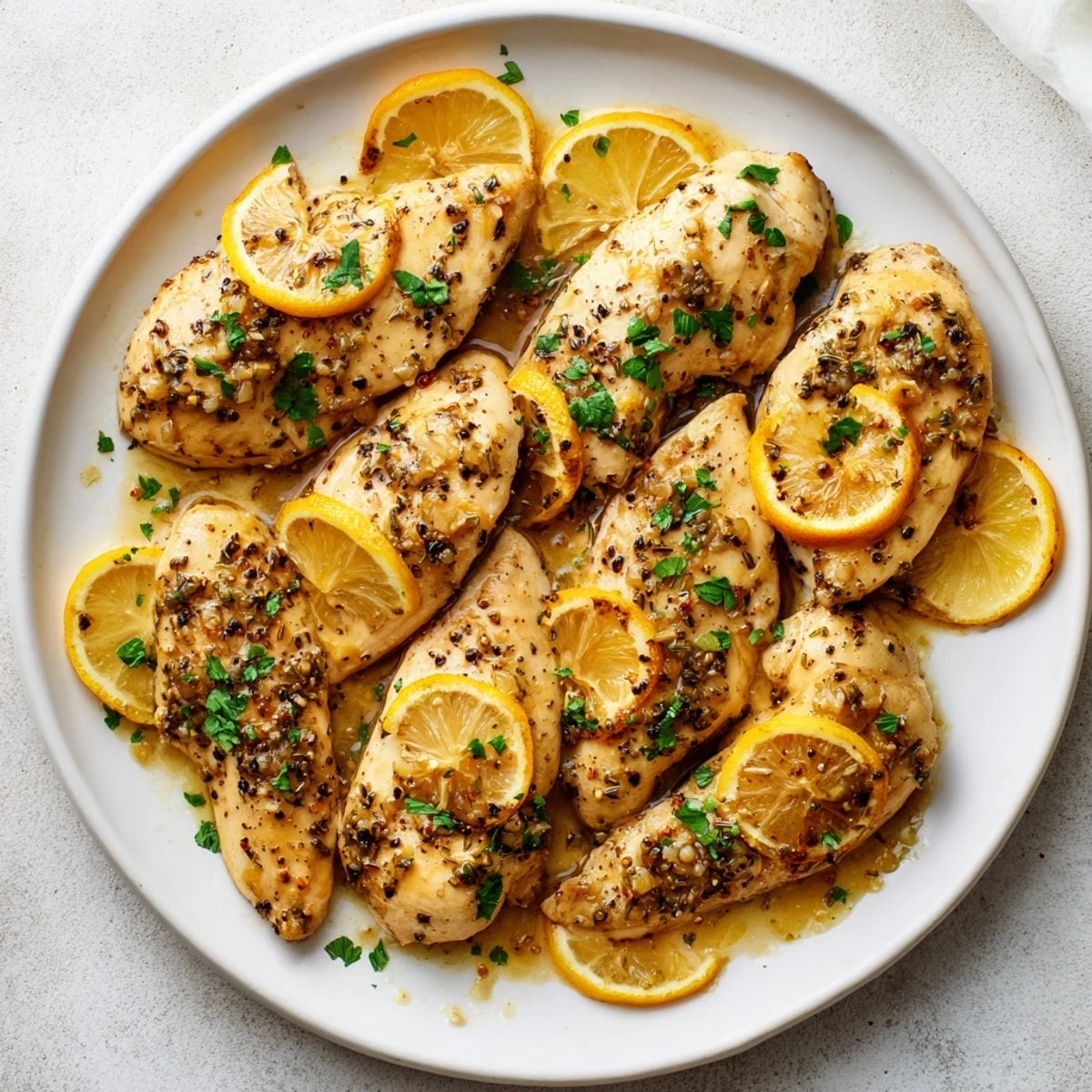 Juicy Baked Lemon Pepper Chicken glistens with olive oil and spices, a beautifully plated American dish.